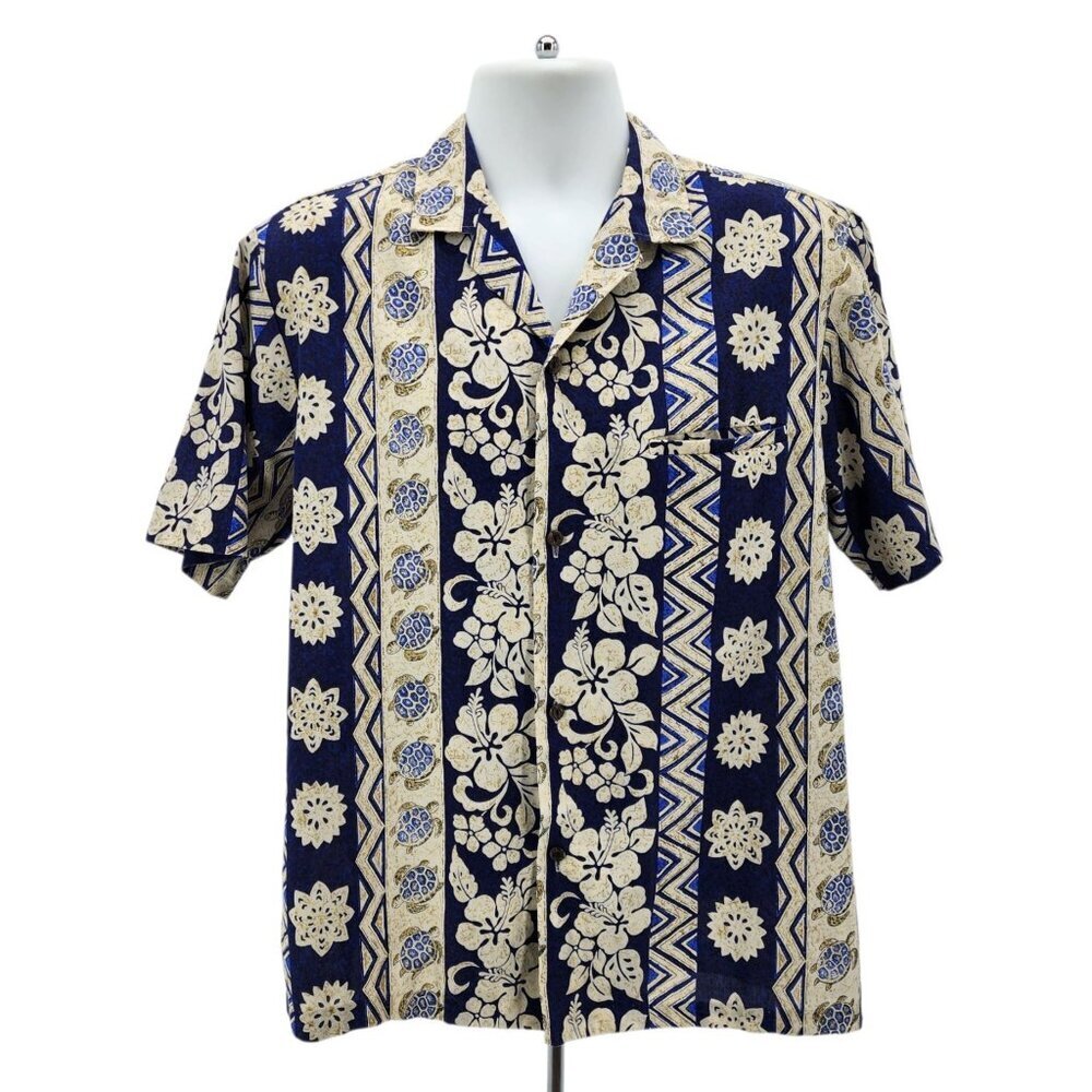 Vintage Royal Creations Mens Medium Hawaiian Shirt Floral Turtle Tropical Blue